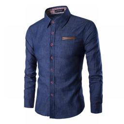 Mens Long Sleeve Denim Shirt Slim Fit Turn-Down Collar Button-Up Shirts Plaid Neckline Cuffs Casual Tops Work Shirt