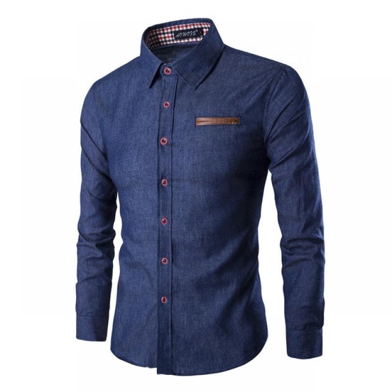 Mens Long Sleeve Denim Shirt Slim Fit Turn-Down Collar Button-Up Shirts Plaid Neckline Cuffs Casual Tops Work Shirt