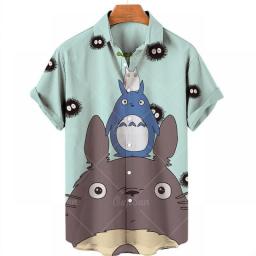 Men's Oversized Pattern Cartoon Social Gengar Printing Harajuku Hawaiian Camisa Floral Masculina Casual Shirt Sleeve Top 2023