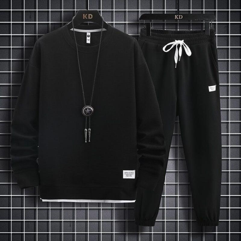 Men's Waffle Long Sleeve Hoodies And Pants Two Piece Sets Mens Fashion Loose Tracksuit Clothes