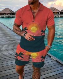 Lato Proste W Stylu Retro Koszulka Polo Z Krótkim Rękawem Spodenki Plażowe 2 Sztuka Zestawy Dres Męska 3D Drukowane Na Co Dzień