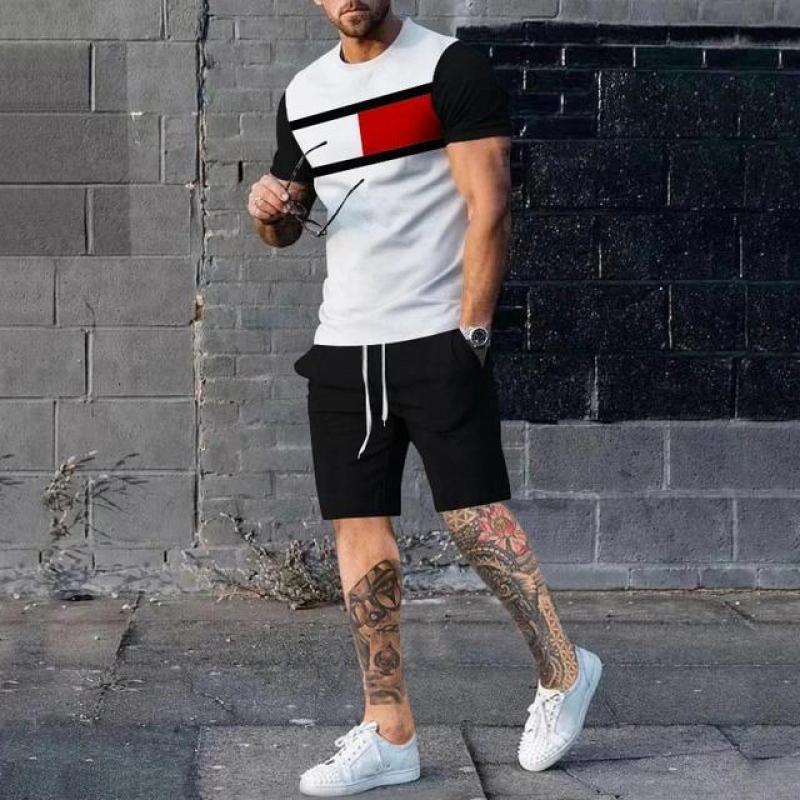 Men Patchwork Streetwear Short-sleeve Fitness Homewear T-Shirt + Pant 2 Pieces Set Women's Suit Hip Hop Sets Tops Clothes Tees