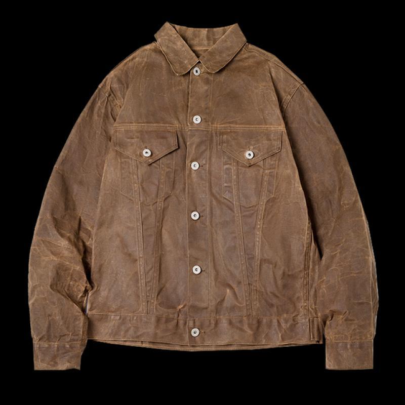 Maden Amekaji Retro Male Oil Waxed Jacket Canvas Cotton Khaki Military Uniform Light Casual Work Safari Style Coats Man Clothing