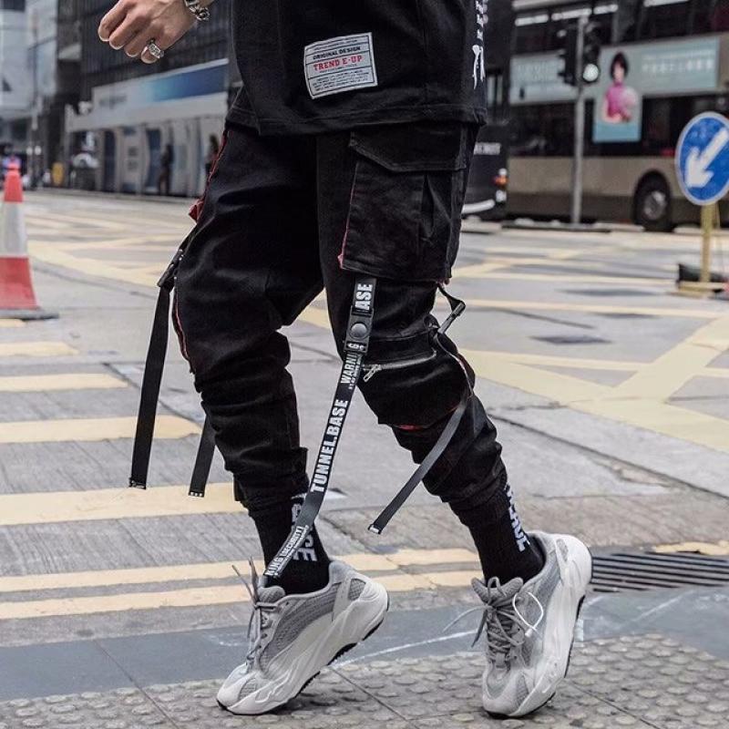 Men Cargo Pants for Men Casual Hip Hop Hit Color Pocket Male Trousers Sweatpants Streetwear Ribbons Techwear Pants