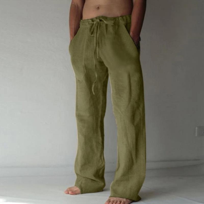 Men's Casual Pants Daily Wear Solid Summer Full Length Soft Linen Pants Mid Waist Pocket Drawstring Trousers Streetwear Bottoms
