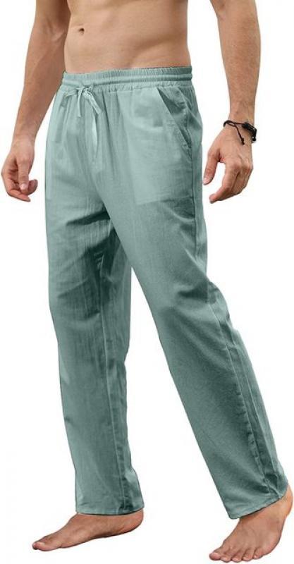 Men's Cotton Linen Pants Loose Spring Casual Pants Male Breathable Solid Color Full Length Drawstring Jogger Yoga Linen Trousers
