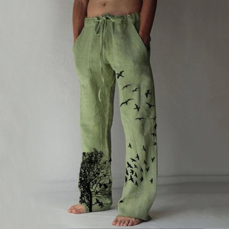 Men's Casual Pants Sweatpants Tree Bird Print Full Length Pants Pocket Drawstring Linen Trousers Men Oversized Jogger Trousers