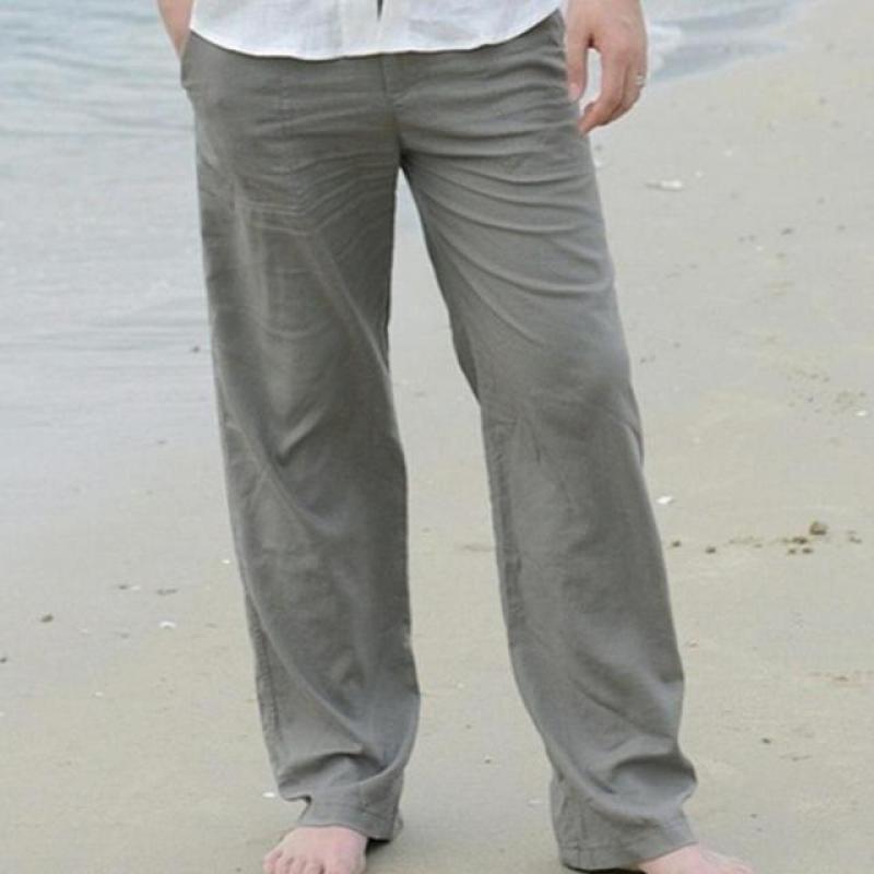 Plus Size Men Cotton Linen Long Pants Elastic Waist Loose Straight Trousers