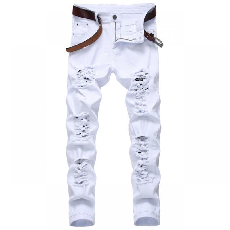 Men's White Jeans Fashion Hip Hop Ripped Skinny Men Denim Trousers Slim Fit Stretch Distressed Zip Men Jean Pants High Quality