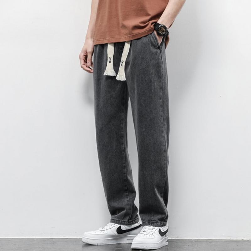 Spring Autumn Men's Jeans Cotton Soft Drawstring Straight Pants Elastic Waist Vintage Korea Casual Trousers Male Plus Size S-5XL