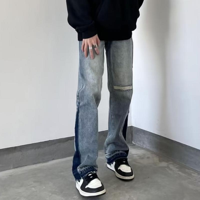 DEEPTOWN Patchwork Jeans Men Classic Hole Cross Straight Denim Pants Hip Hop Casual Loose Trousers Male Washed Fashion Spring