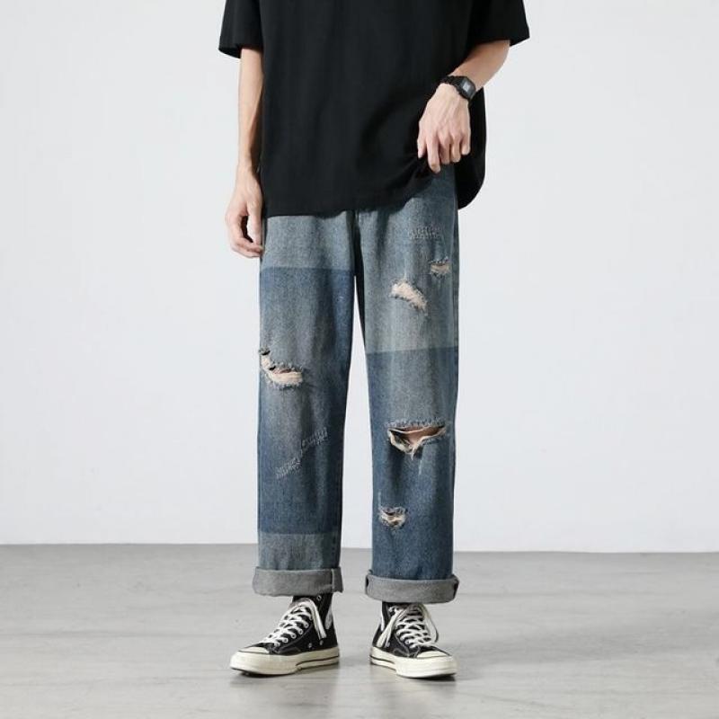 DEEPTOWN Ripped Jeans for Men Loose Hip Hop Denim Pants Male Casual Hole Straight Trousers Streetwear Korean Fashion Style