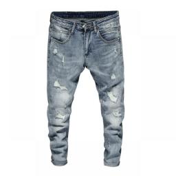 Ripped Jeans Men Skinny Light Blue High Street Style Male Jeans Elasticity Slim Fit Frayed Casual Men Pants Trousers Biker Jeans