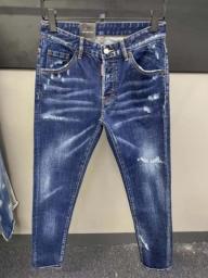 2023 New Jeans Men D2 Jeans Slimming Wash Blue Patchwork Print Small Foot Casual Fashion