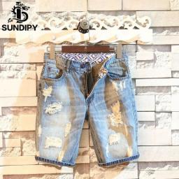 Summer Men's Denim Shorts Slim Korean Fashion Beggar Frayed Hole 5-point Jeans Shorts