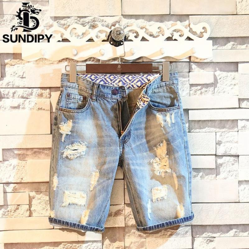 Summer Men's Denim Shorts Slim Korean Fashion Beggar Frayed Hole 5-point Jeans Shorts