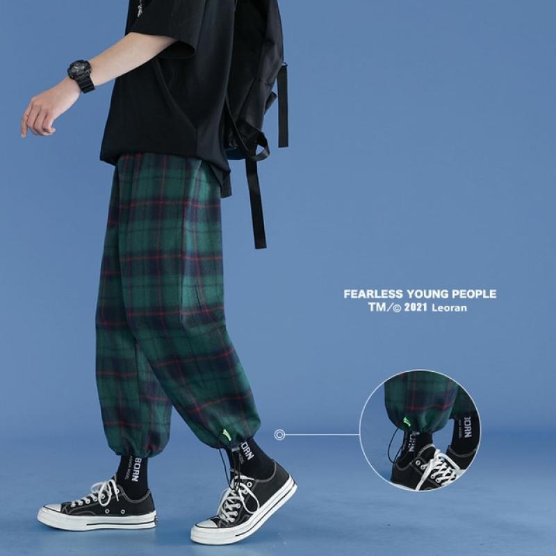 Black Plaid Joggers Pants Men's Cotton Comfortable Pant Summer Loose Comfortable Casual Trendy Japanese Eight Pant Sweatpants