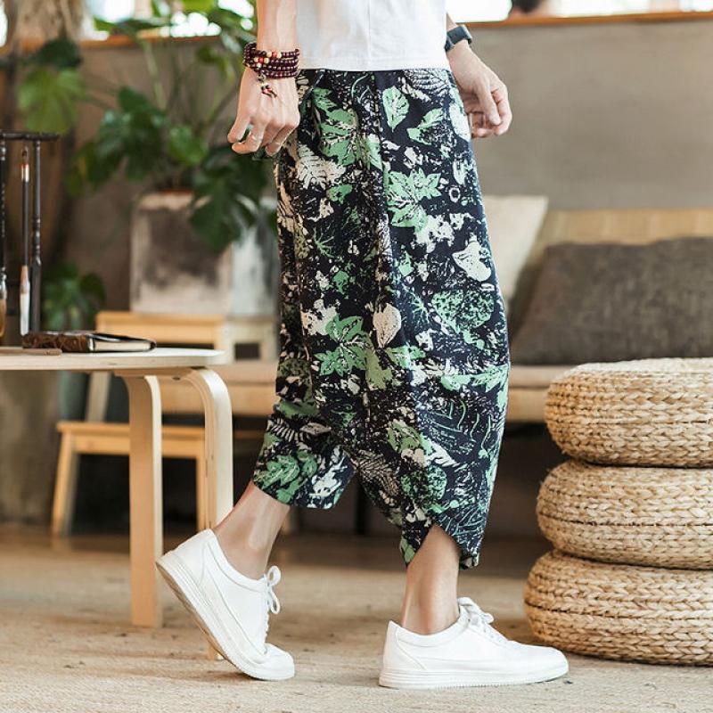 3/4 Men Capri Pants Drop Crotch High Waist Baggy Cropped Trousers Men Harajuku Harem Pants Summer Cotton Linen Joggers Pants