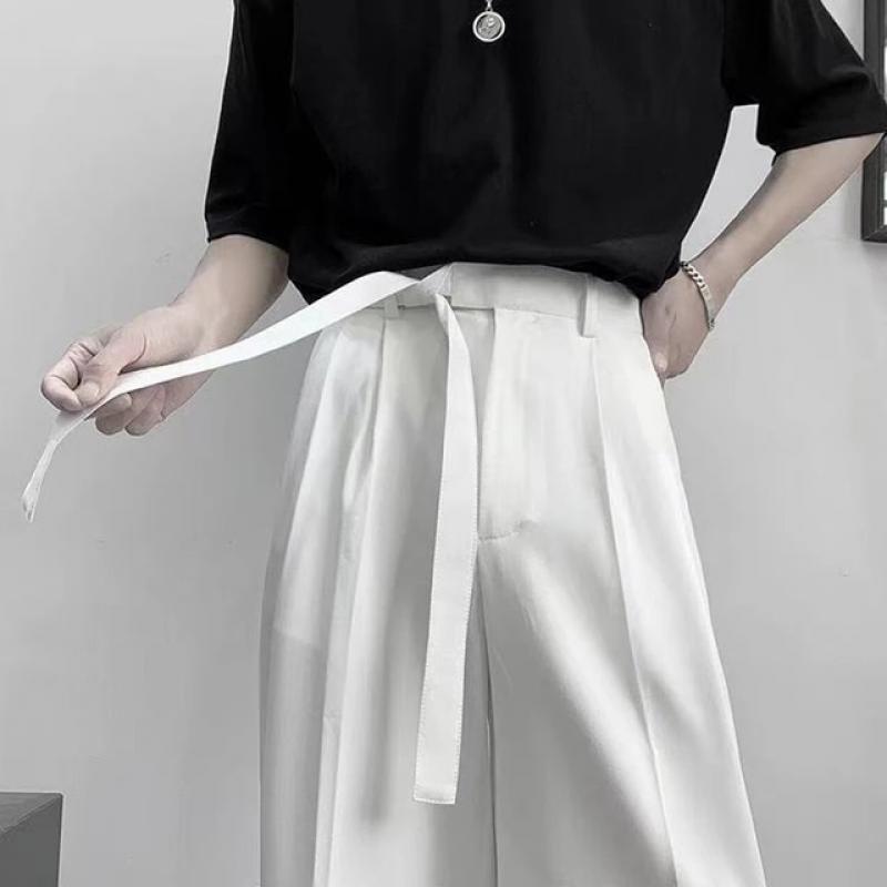 Harajuku Fashion Men's Pants Casual Wide leg Oversize Pants With Belt Korean Style Streetwear Trousers For Men Soild Color White