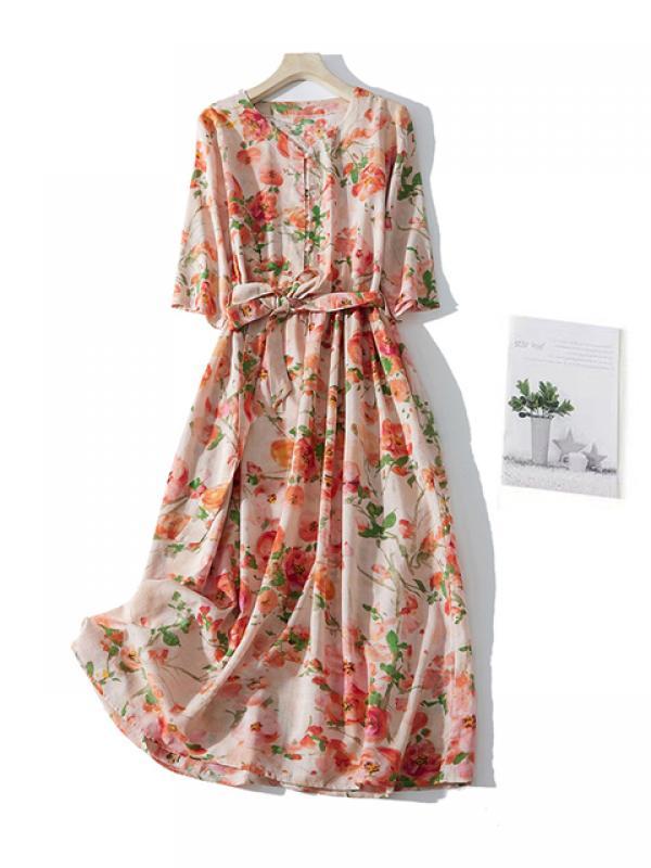 Ramie Dresses Women 2023 New Summer Floral Print Elegant V-Neck Party Dress Half Sleeve Buttons Sweet Sundress Robe Femme