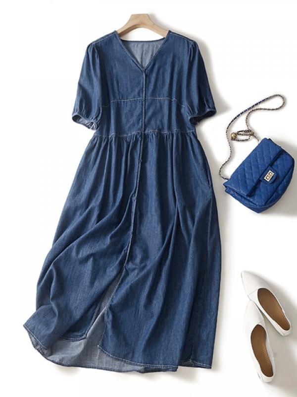Casual Loose Short Sleeve Denim Shirt Dress Women Vintage Pockets Solid Summer Midi Dress Patchwork Streetwear Sundress Vestidos