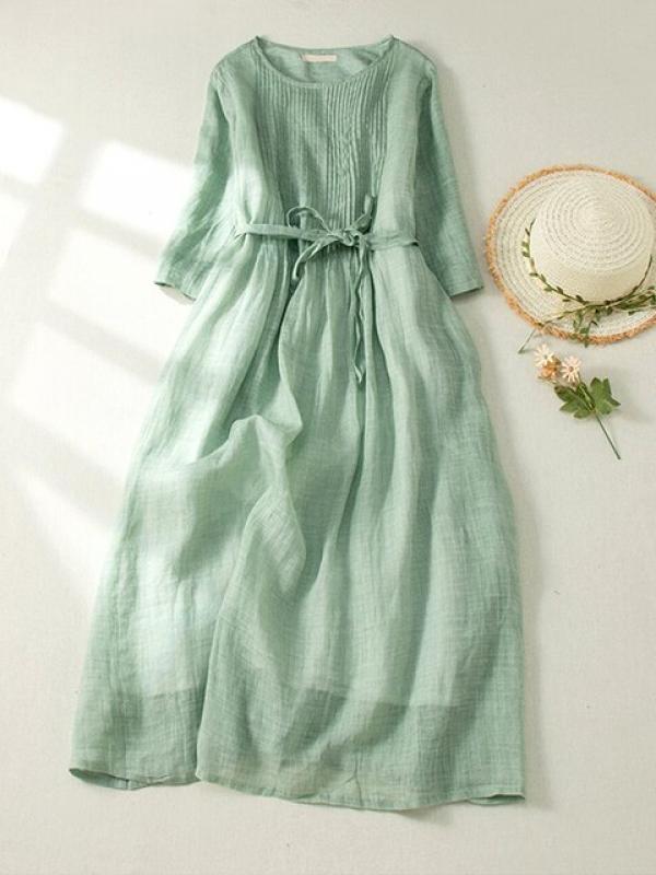 Japan Style Double Layers Ramie Women Dresses Chic Organ Pleats Short Sleeve O-Neck Cotton Linen Office Lady Midi Dresses