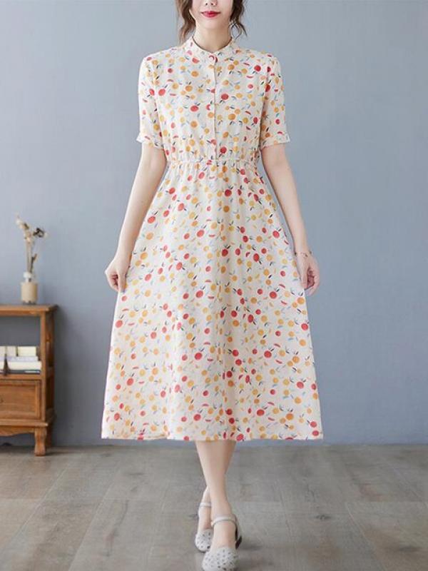 2023 New Elegant Women Floral Dresses Summer Casual Stand Collar Short Sleeve Shirt Dress Female Vintage Cotton Longuette