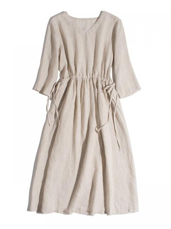 Summer Retro Women Dress Cotton Linen Short Sleeve V-Neck Drawstring Solid Dresses Casual Loose Female Sundress Vestido Feminino