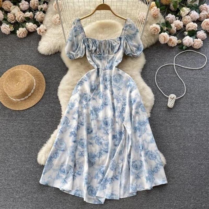 Square Collar Women's French Elegant Slit Floral Short Sleeve Dress Bubble Sleeve Temperament Chiffon Beach Long Skirt