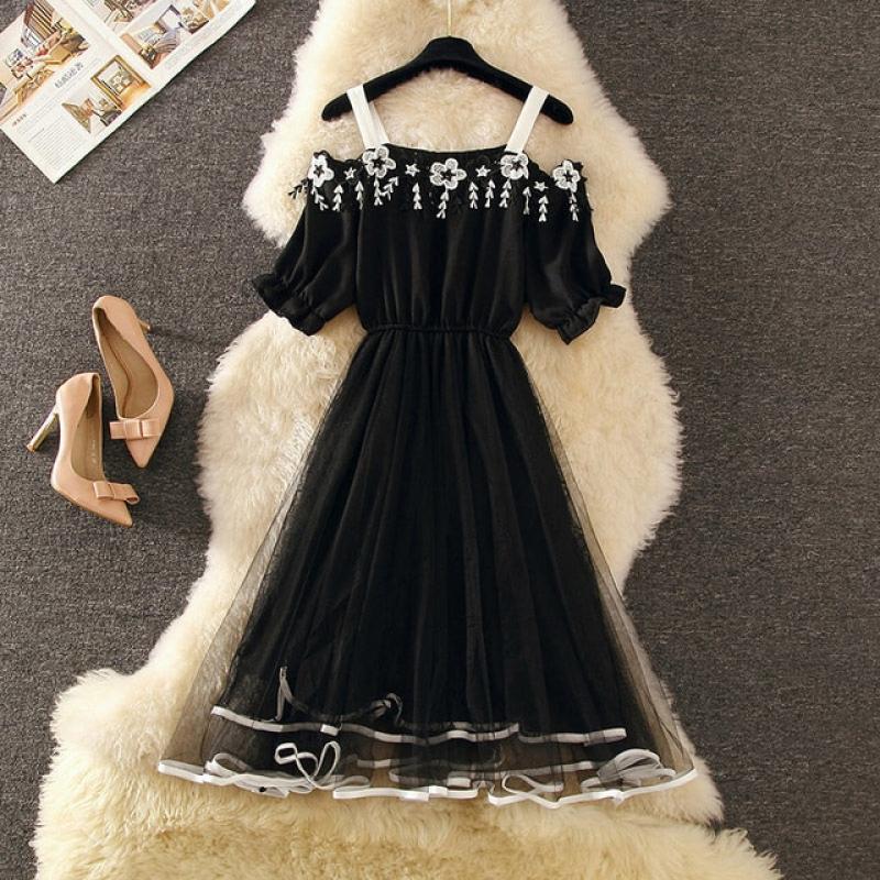 2023 Summer Sweet Fashion Woman Dress Short Sleeve Off Shoulder Slash Neck Gauze High Waist Female Casual Dress Vestidos