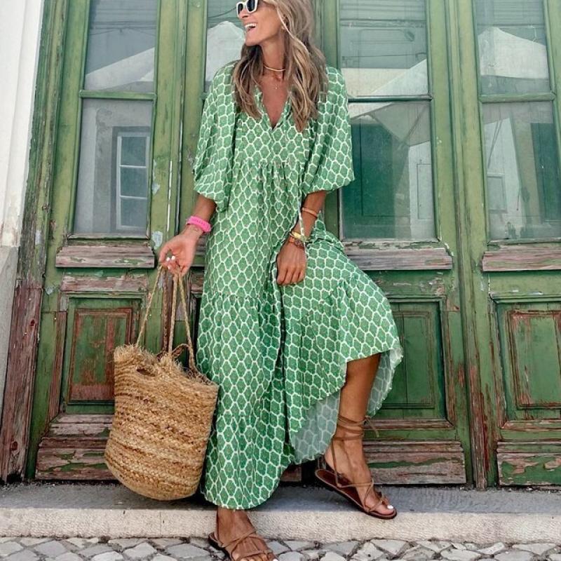 Women Lantern Sleeve Long Dresses Summer New V Neck Floral Print Loose Beach Sundress Female Bohemia Holiday Lace-up Maxi Dress