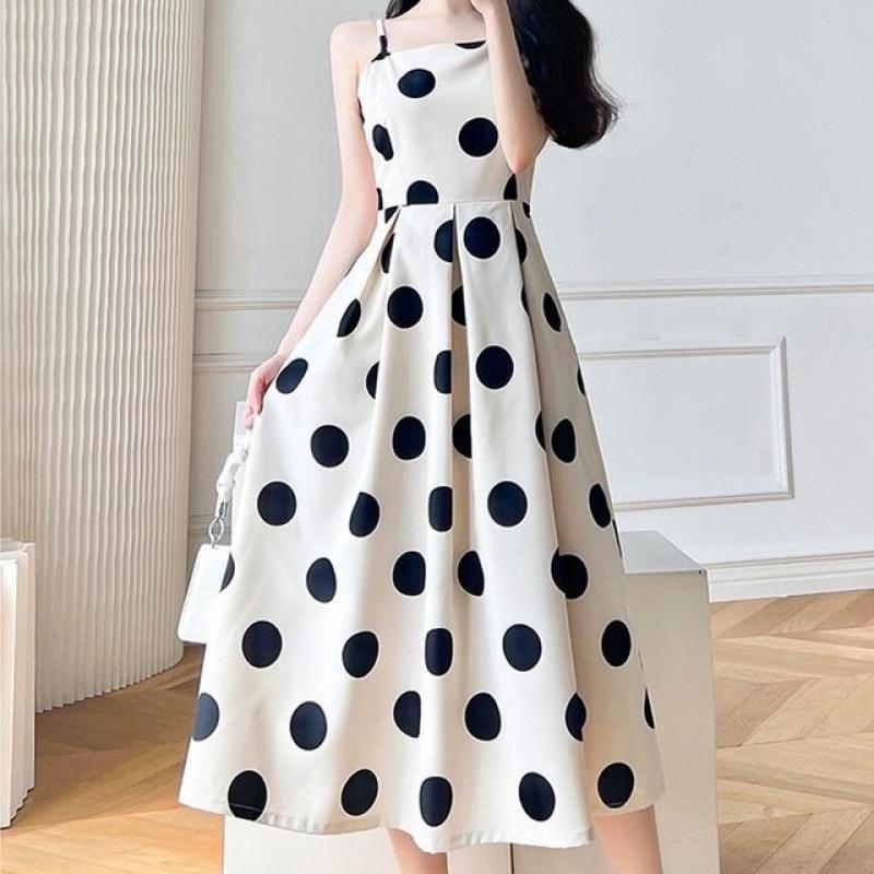 French Temperament Wave Point Sleeveless Women's Summer New Dress Vintage High Waist Suspender Skirt Dating Party Long Dresses