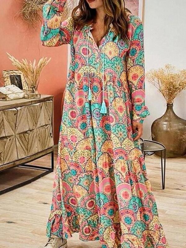 Autumn women's Long Sleeve Casual Style Polyester Material New Fashion V-Neck Long Sleeve Printed Large Swing Dress