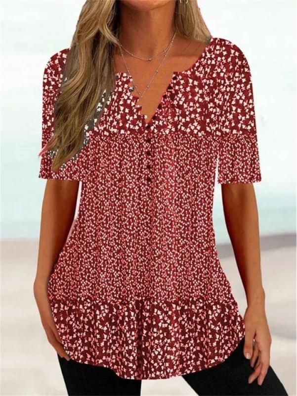 Summer Button Splicing V Neck T-Shirt Female Elegant Plant Flower Print Short Sleeve Tees Women's Daily Casual Commuter Tops 5XL