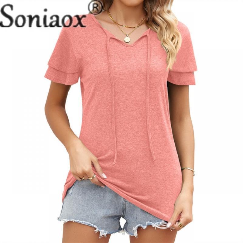 Elegant Double Petal Sleeve Splicing V Neck Strap T-Shirt Women's Solid Color Loose Casual Tees Female Summer Urban Commuter Top