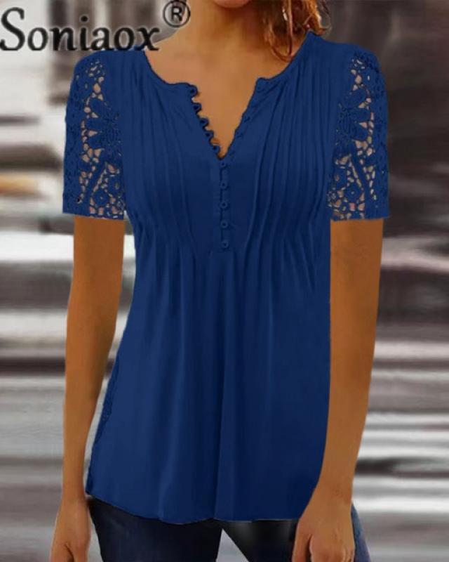 Women's Hollow Out Lace Short Sleeve T-Shirt Summer Sweet Style Pleated Button Splicing V Neck Pullover Tees Female Casual Tops