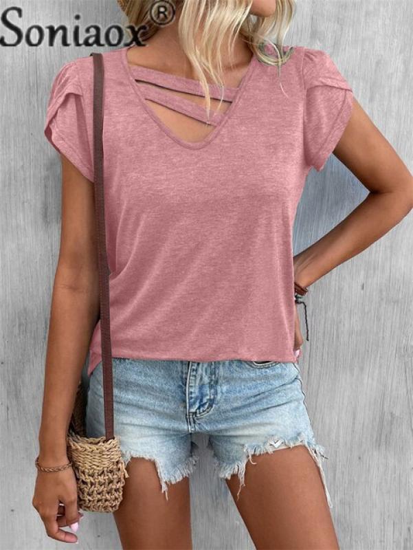 Women's Petal Sleeve T-Shirt Fashion V Neck Splicing Hollow Out Loose Tees Female 2023 Summer Daily Casual Solid Color Tops New
