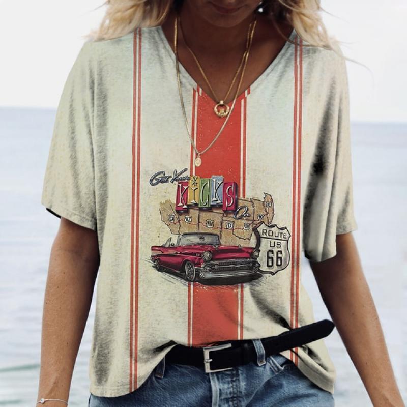 2023 U.s. Route 66 Summer 3d Print T Shirt Street Harajuku T-shirt Short Sleeve V-neck Women's Casual Shirt Girl Clothes Top Tee