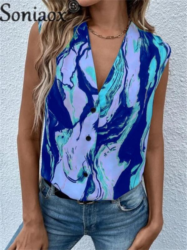 Fashion Gothic Style Print Button Cardigan T-Shirt Female Elegant Casual Streetwear Women Sleeveless V Neck Tops New Summer Tees