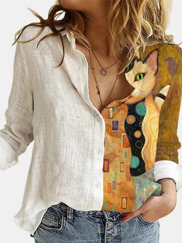 Fashion Loose Animal Cat Digital Print Women Shirt Autumn Office White Blouses Sleeve Turn Down Collar Casual Print Cardigan Top