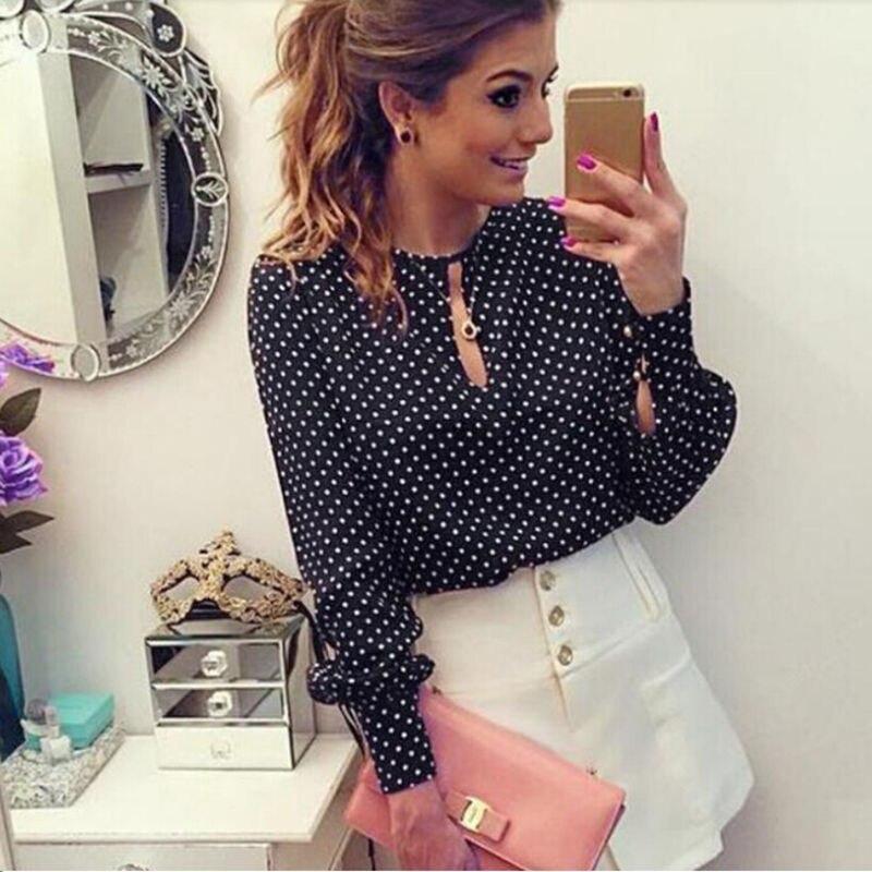 1 pc Casual Chiffon Blouse Elegant Vintage O-Neck Polka Dot Shirts Shirt Full Sleeve Navy Colors For Woman