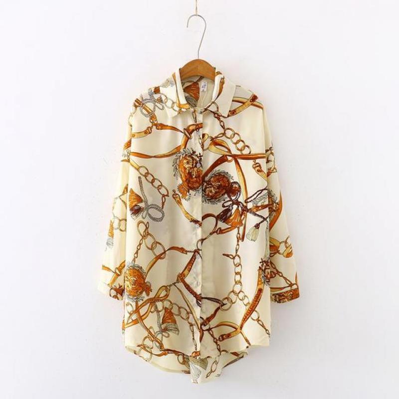 Chains Print Casual Chiffon Blouse Sunscreen Summer Long Sleeve Shirt Female Streetwear Loose Tops