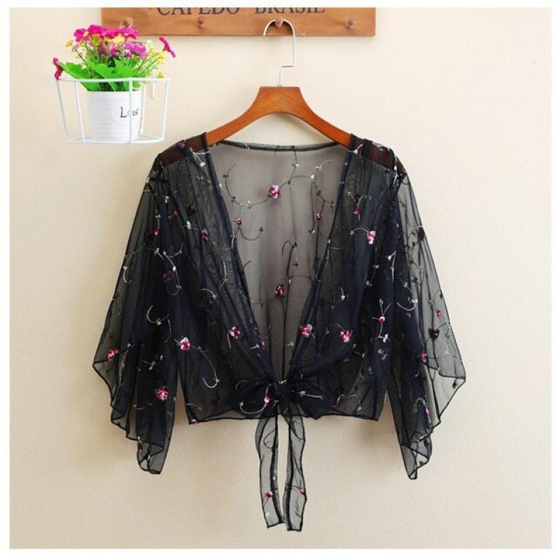 Women Long Sleeve Cover Ups Shirts Tops Beach Bathing Suit Floral Embroidery Cardigan Thin Coat Casual Party Outwear Blouse