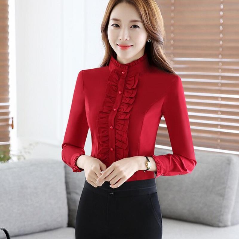 Big Size 4XL Women OL Shirt Casual Summer Autumn Long Sleeve Stand Collar Ruffles Blouse Slim Women Office Shirt Ladies Tops