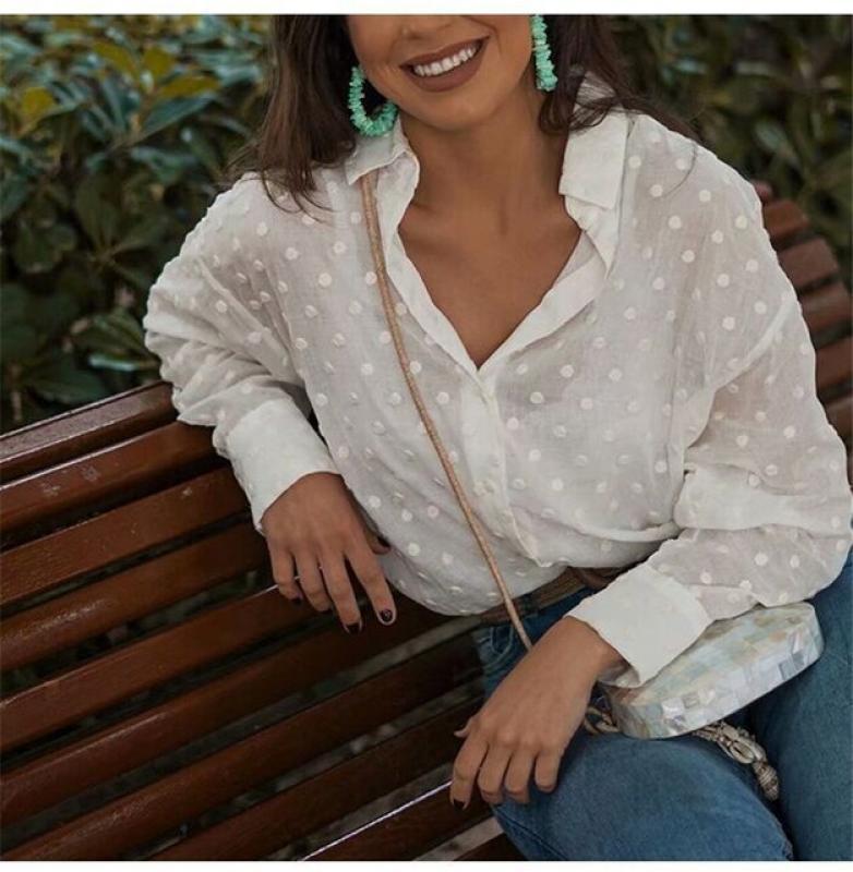 Fashion Long Sleeve Shirts Polka Dot Blouses Womens Elegant White OL Shirt Tops Ladies chemise femme blusa feminina Streetwear