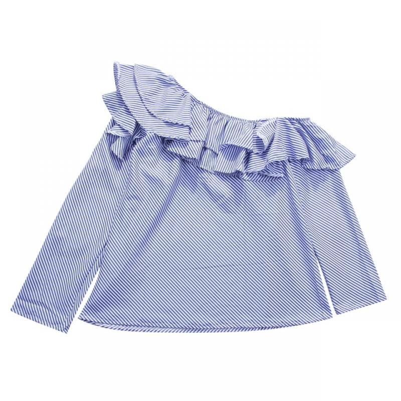 OL Long Sleeve Women's Blouse Shirts One Shoulder Ruffle Striped Plaid Summer Shirts Loose Casual Tops