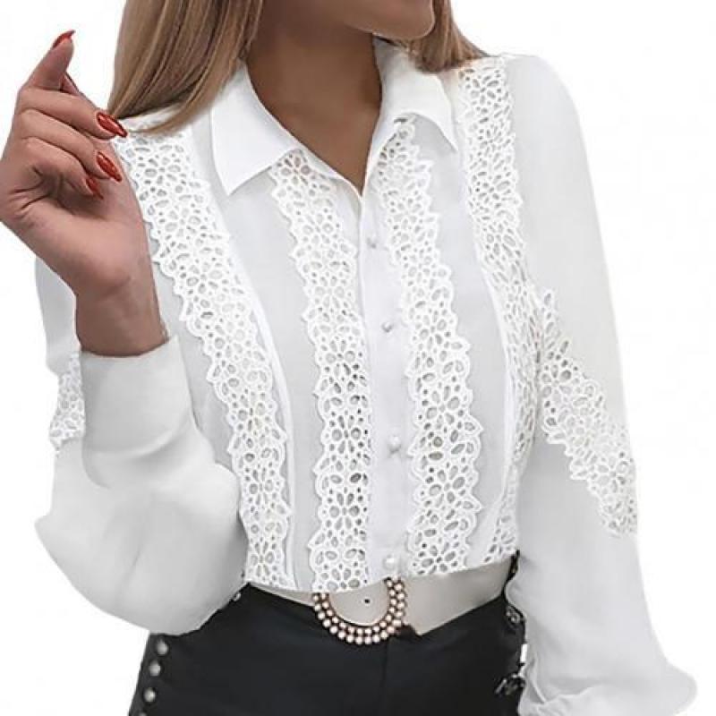 Women Shirt Long Sleeve Hollow Out Top Women Single-breasted Lace Patchwork Blouse for Office Women's Clothing рубашка женская