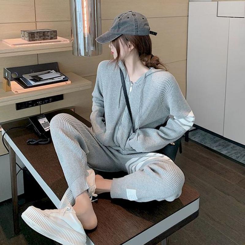 2022 Spring Autumn Waffle Casual Sports Suit Women Sweatshirt Suit Fried Street Loose Thin Wild Hoodies And Trousers 2 Piece Set