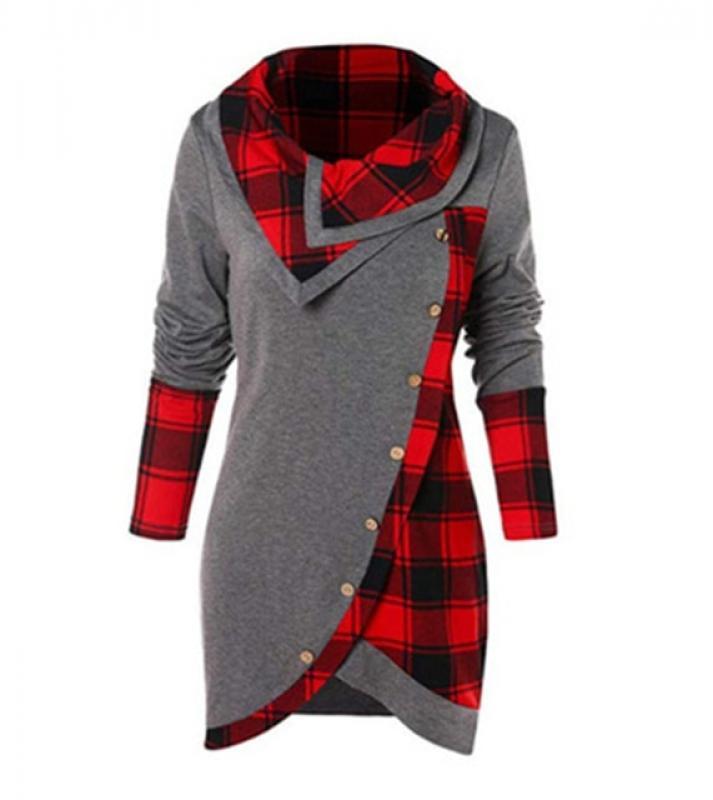Fashion Hoodies Women Hem Irregular Plaid Stitching Turtleneck Top Roupas Sweatshirts Pullovers Harajuku Hoodie Woman Clothing