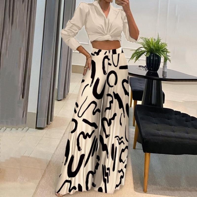 Spring Elegant Office Lady 2pcs Set Women V Neck Long Sleeve Knot Blouse+Geometry Print Pants Outfits Autumn Wide Leg Pants Suit